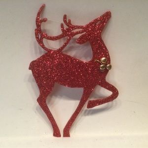 Vintage Reindeer Ornament Red Glitter Jingle Bells Prancing 7” x 4.5"